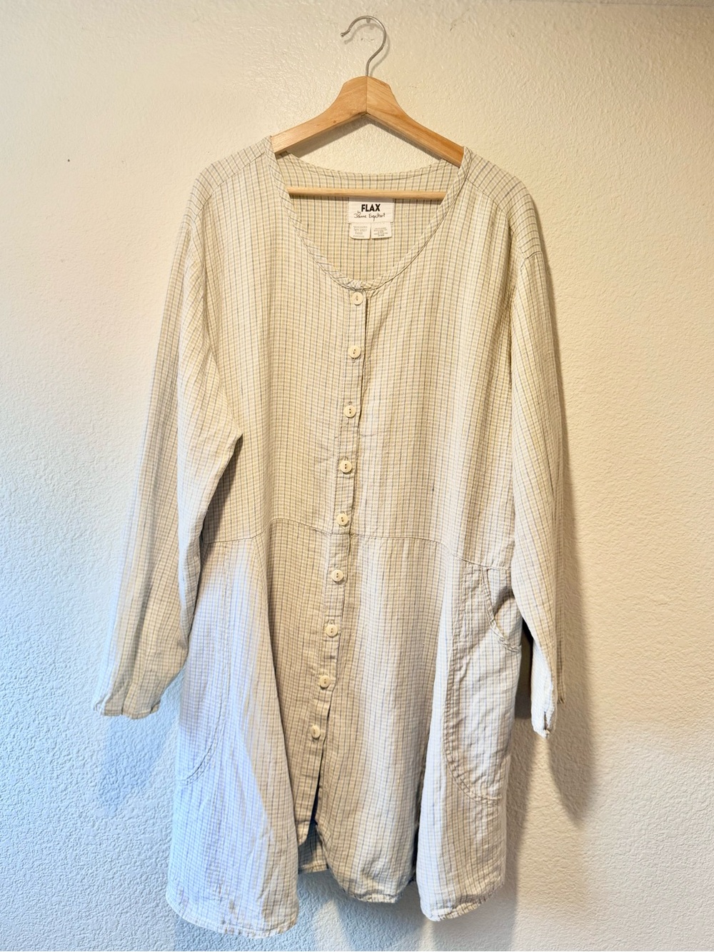 FLAX by Jeanne Engelhart Cream Button-Front Long Linen Button Front Plaid Tunic